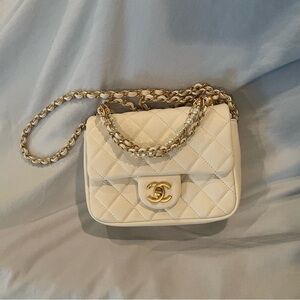 Chanel White Quilted Lambskin Mini Flap Bag with Pearl Chain Aged Gold Hardware